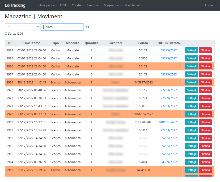 Movimentazioni di magazzino con filtri di ricerca